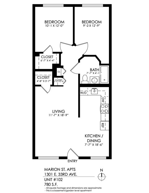 A floor plan of an apartment with two bedrooms, a living room, kitchen, dining room, and two closets.